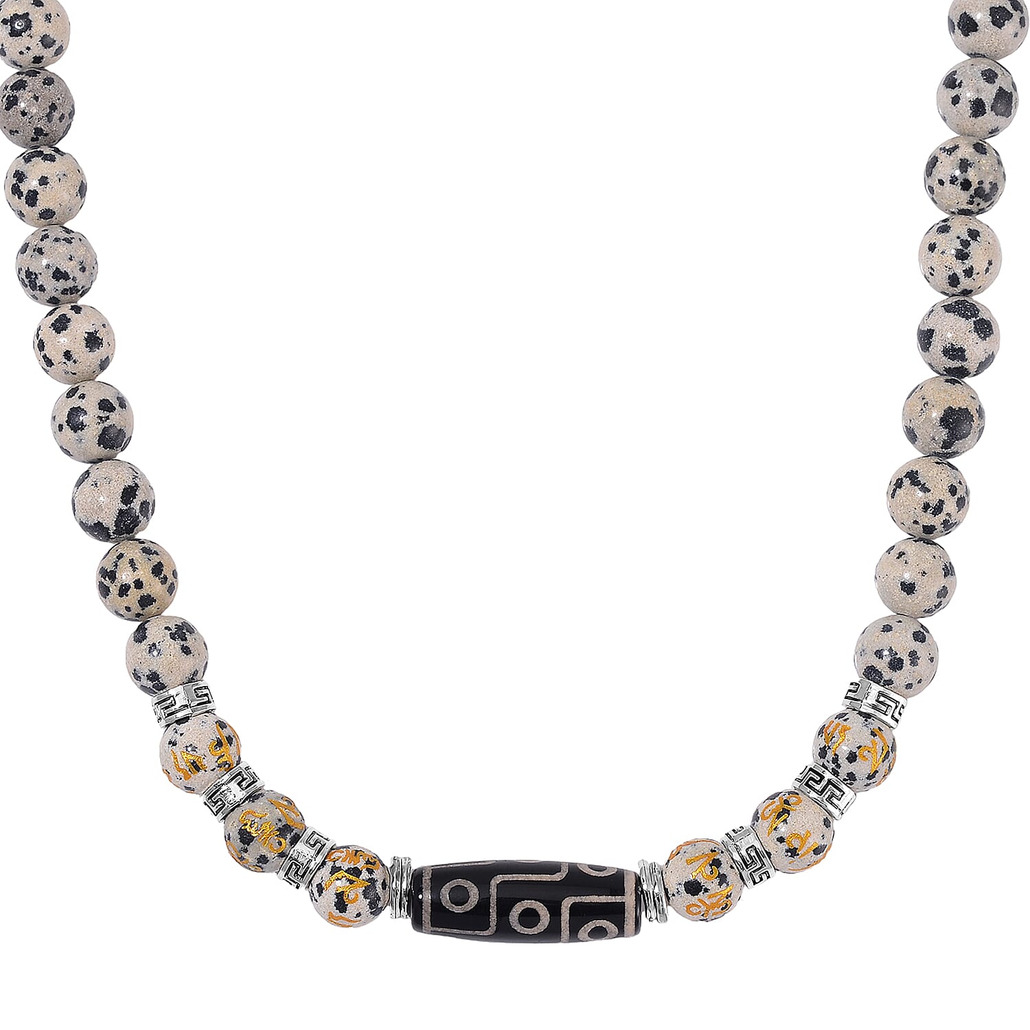 Nine Eyed Agate Dzi Beads and Dalmation Jasper 305 ctw Necklace 18-20 Inches in Silvertone
