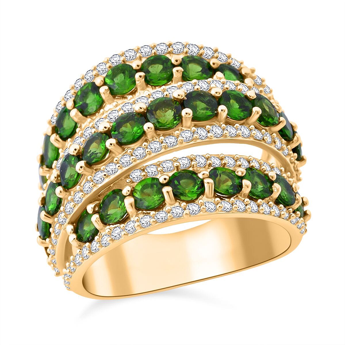 Chrome Diopside and White Zircon 6.60 ctw Ring in 18K Vermeil Yellow Gold Over Sterling Silver