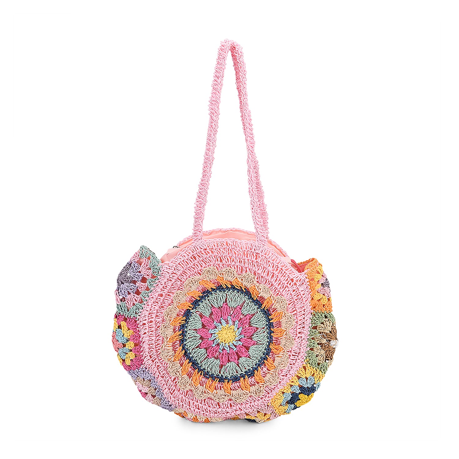 Pink Woven Bohemian Circle Pattern Paper Straw Tote Bag