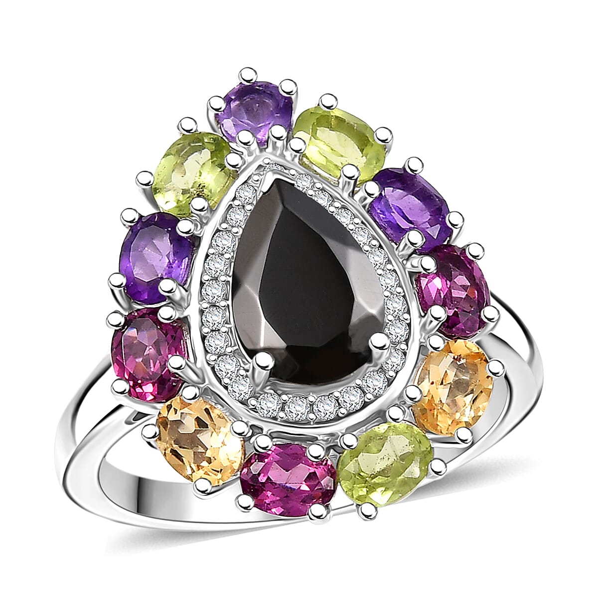EverTrue Elite Shungite, Multi Gemstone Ring in Platinum Bond (Size 10.0) 2.90 ctw