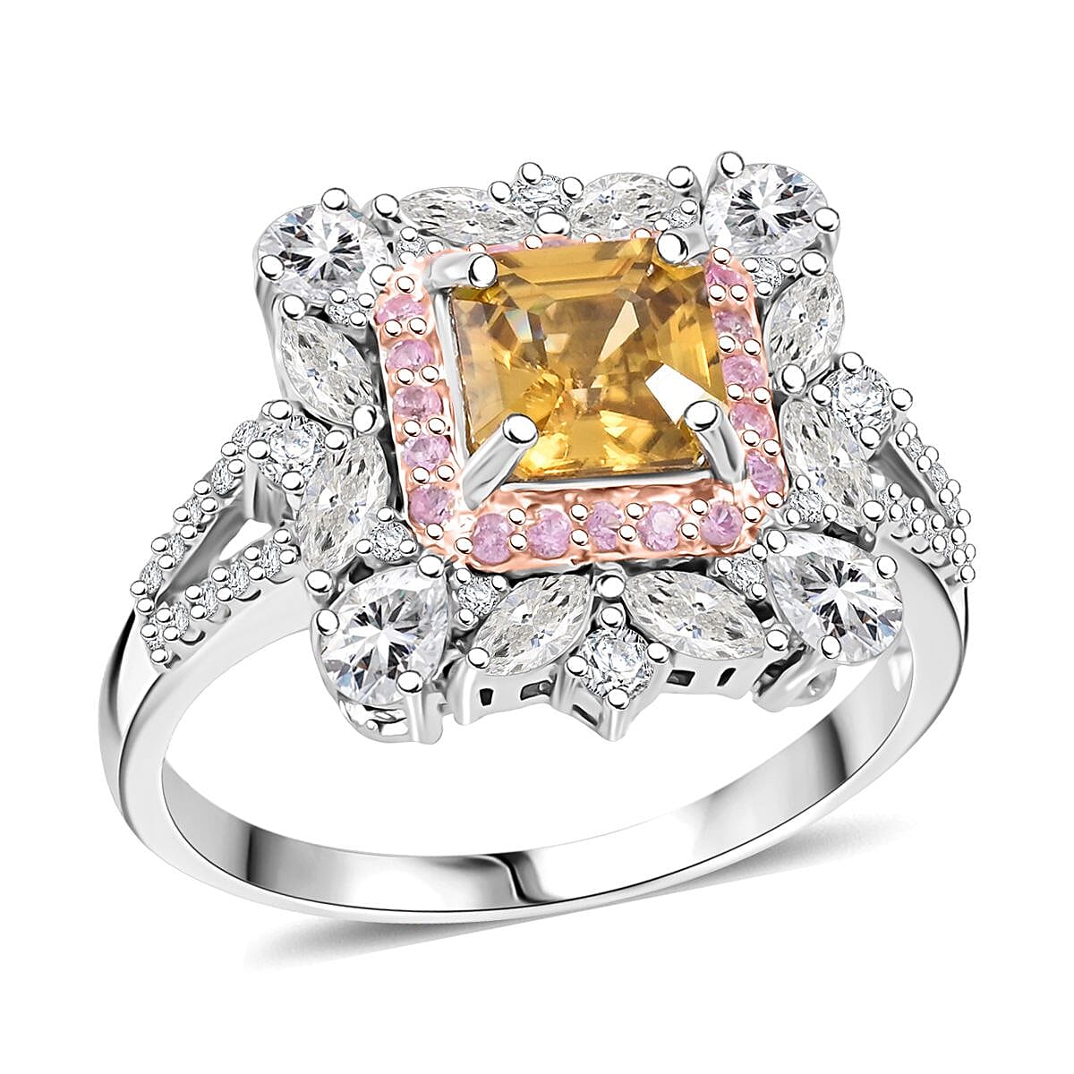 Asscher Cut Premium Tanzania Yellow Zircon and Multi Gemstone 5.30 ctw Art of Bloom Ring in Rhodium Over Sterling Silver (Size 10.0)