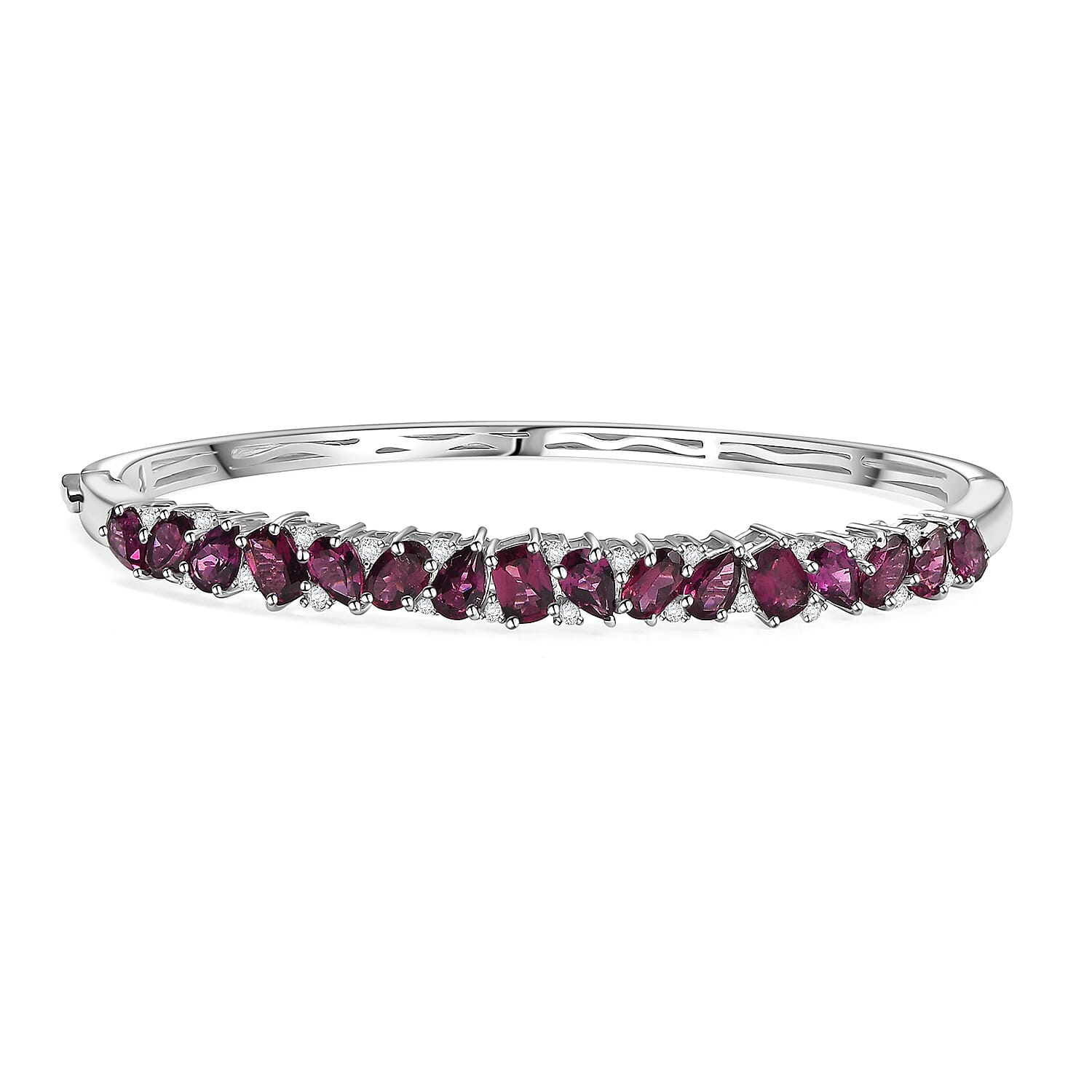 D'Joy Orissa Rhodolite Garnet, White Zircon Leaves Vines Bangle Bracelet in Rhodium Over Sterling Silver (6.50 In) 9.00 ctw