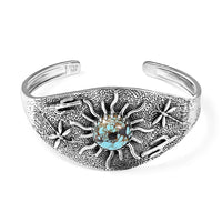 D'Joy Artisan Crafted Blue Moon Turquoise 8.25 ctw Cactus, Dragonfly and Sunflower Cuff Bracelet in Black Oxidized Sterling Silver (7.25 In)