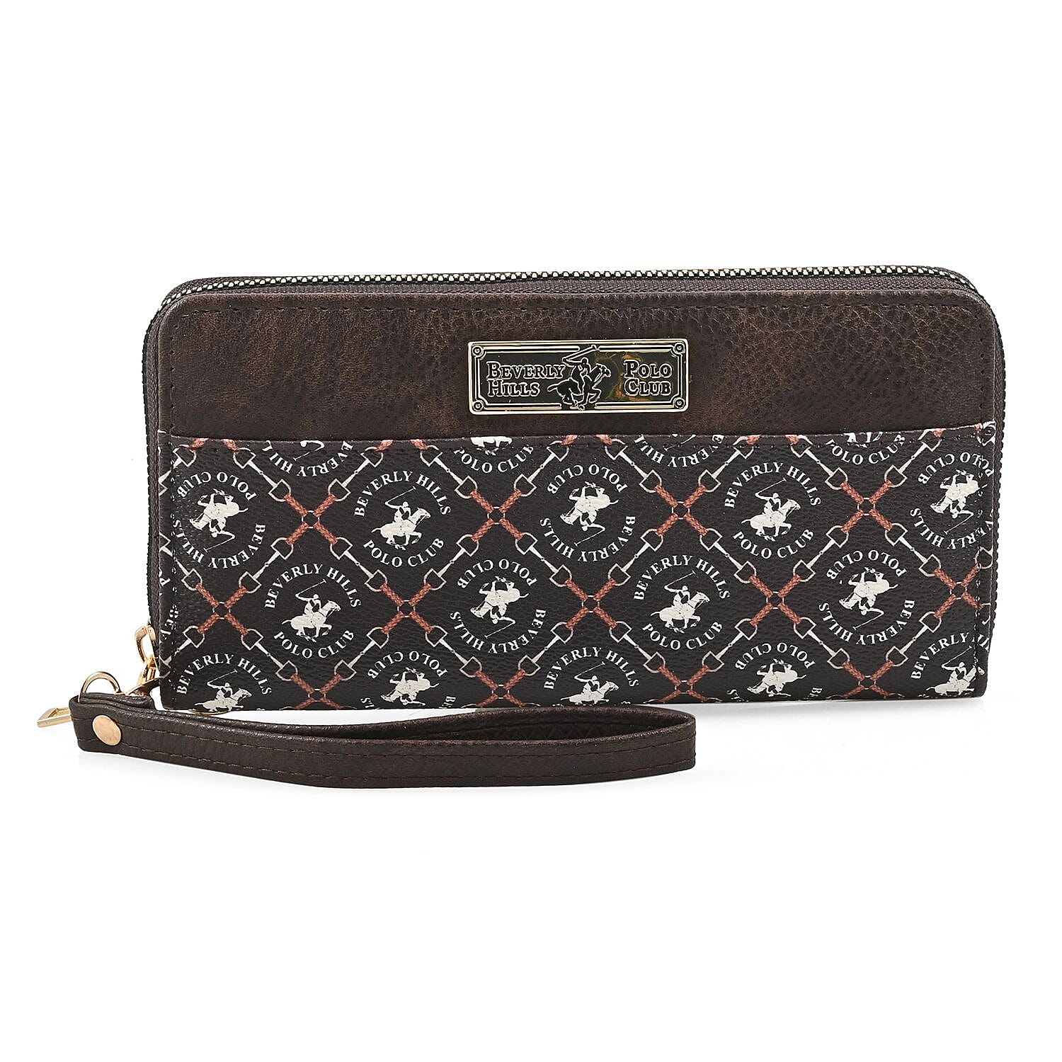 Beverly Hills Polo Club Brown Logo & Link Pattern Vegan Leather Wristlet Wallet (7.5x4x1)