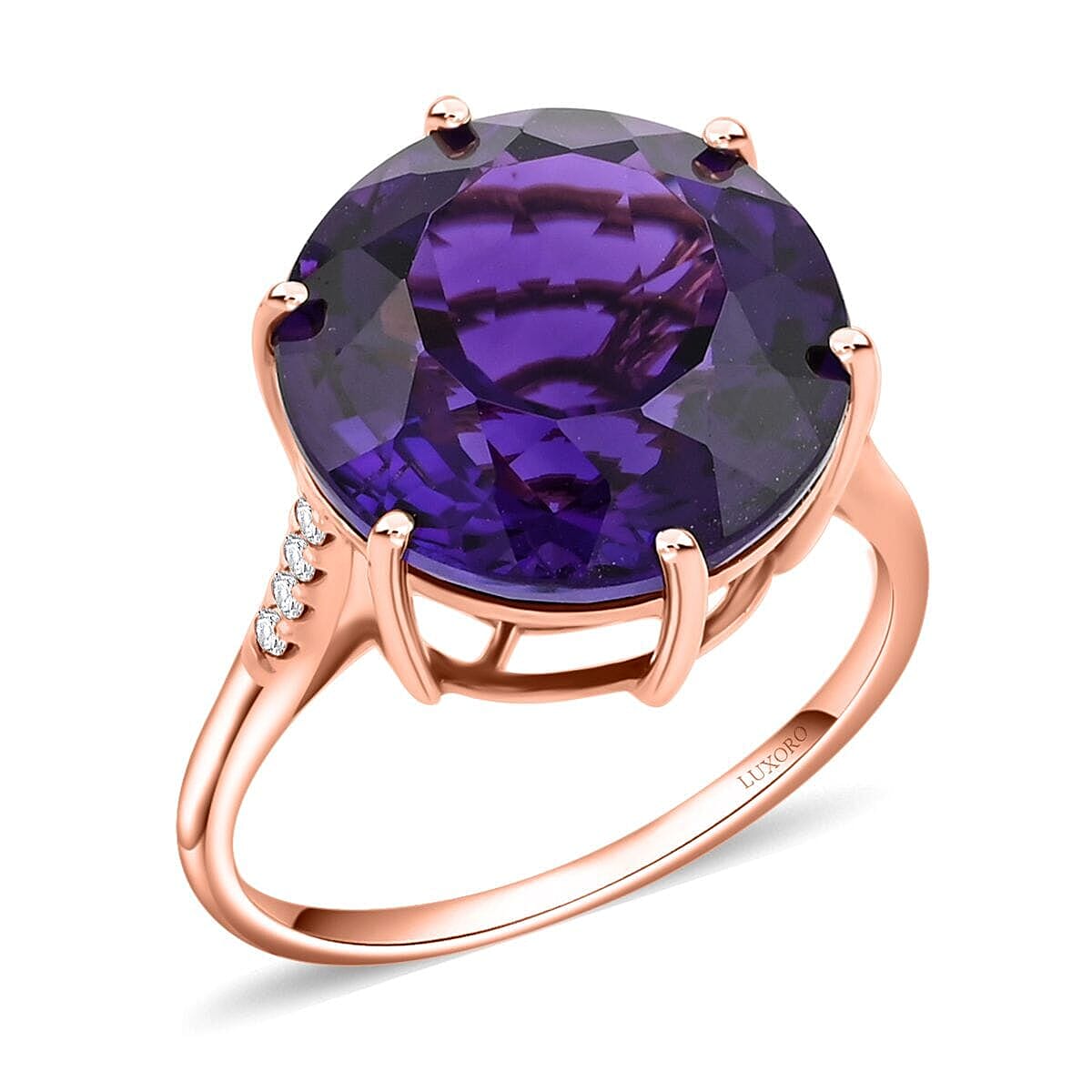 Luxoro AAA Lusaka Amethyst and G-H I2 Diamond 9.70 ctw Ring in 10K Rose Gold (Size 6.0)