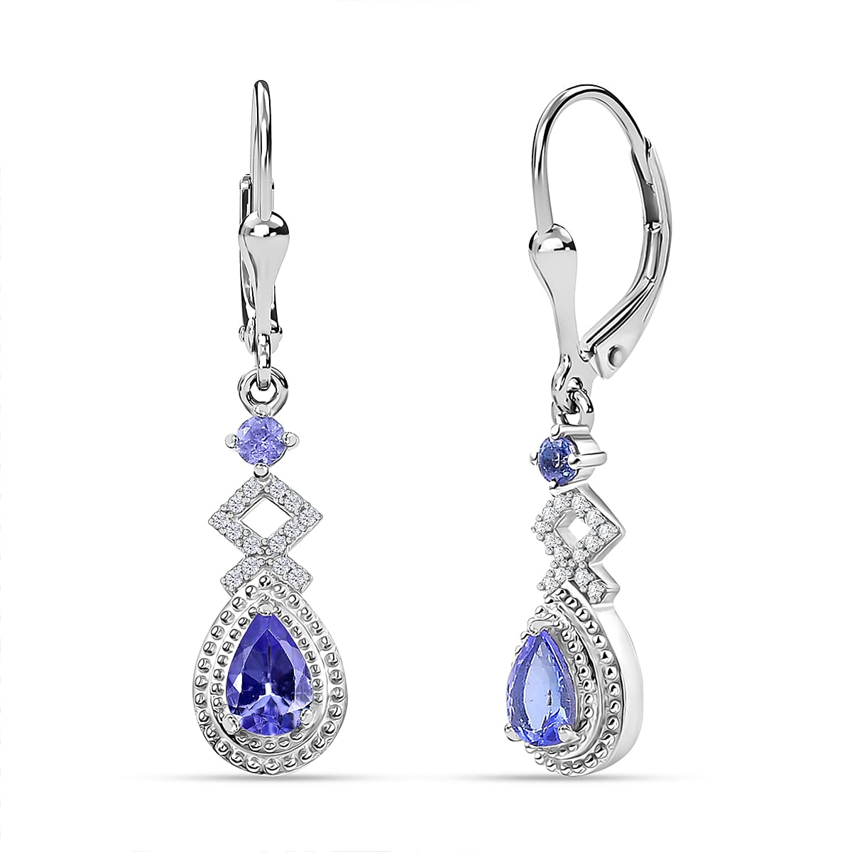 D'Joy Tanzanite and White Zircon 1.20 ctw Royal Vintage Earrings in Rhodium Over Sterling Silver