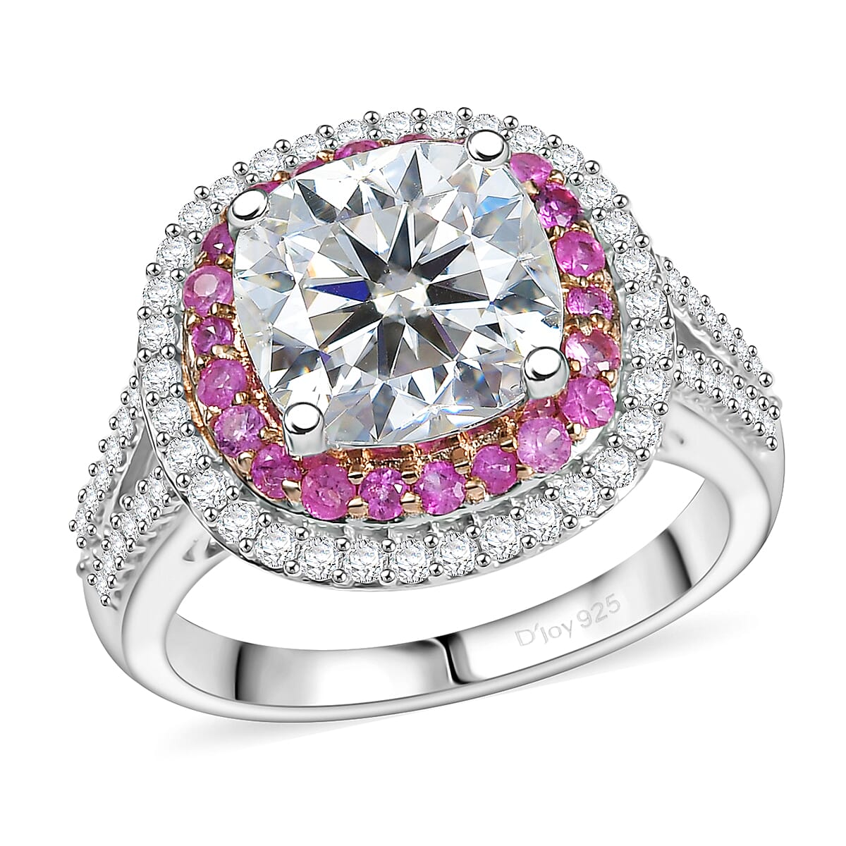 Moissanite and Madagascar Pink Sapphire 4.40 ctw Ring in Rhodium Over Sterling Silver