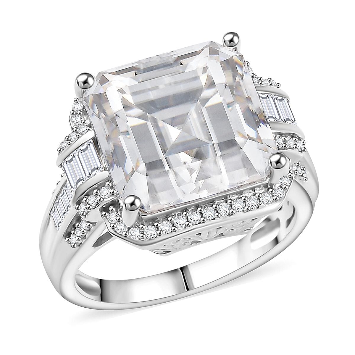D'Joy Moissanite (12x12 mm) Ring in Rhodium Over Sterling Silver 7.09 (Size 10.0) 9.85 ctw