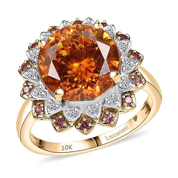 AAA Picos Altos Sphalerite, Padparadscha Sapphire and G-H SI Luxuriant Lab Grown Diamond 7.38 ctw Ring in 10K Yellow Gold