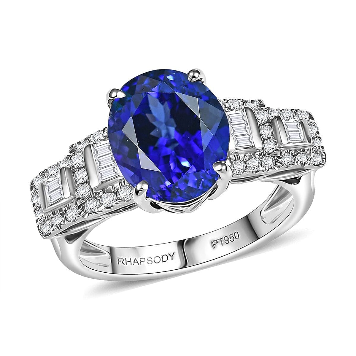 Certified & Appraised Rhapsody 950 Platinum AAAA Tanzanite, Diamond (E-F, VS) (0.42 cts) Ring (Size 10.0) (7.95 g) 4.50 ctw