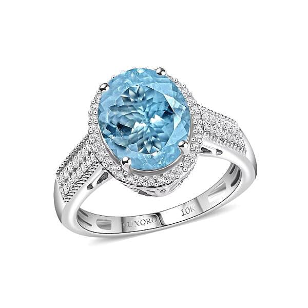 Luxoro Premium Mangoro Aquamarine and White Diamond G-H I2 3.30 ctw Lotus Flower Ring in 10K White Gold (Size 10.0) (Del. In 10-12 Days)