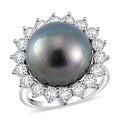 Tahitian Cultured Pearl 14-15mm, Moissanite Sunburst Ring in Rhodium Over Sterling Silver (Size 10.0) 1.90 ctw - Sticky add to cart bar