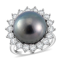 Tahitian Cultured Pearl 14-15mm, Moissanite Sunburst Ring in Rhodium Over Sterling Silver (Size 10.0) 1.90 ctw