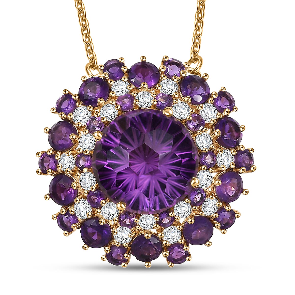 Premium African Amethyst and Moissanite 10.40 ctw Starbust Necklace in 18K Vermeil Yellow Gold Over Sterling Silver 18 Inches