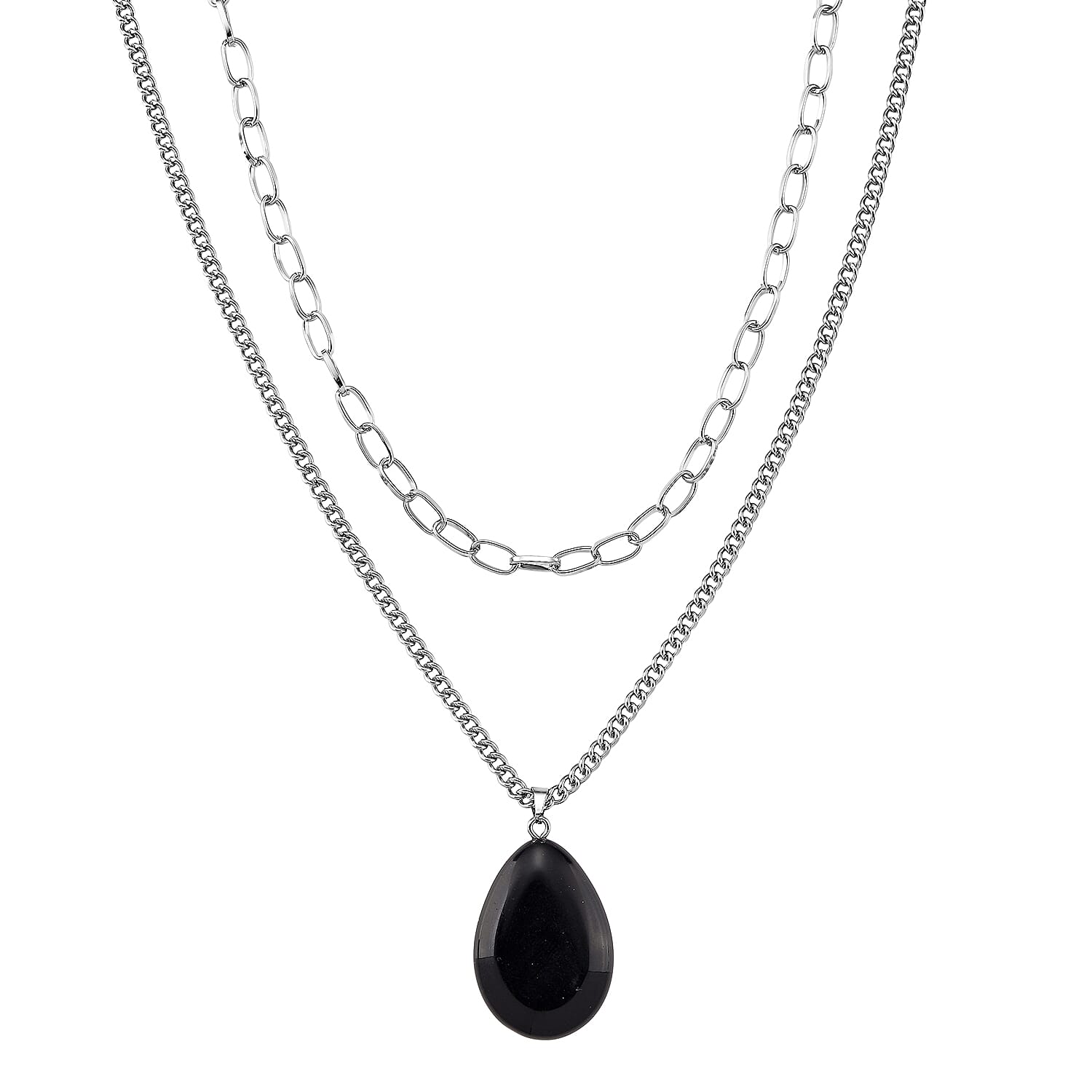 Black Obsidian 75.00 ctw Pendant with Paper Clip Necklace in Silvertone 18-20 Inches