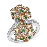 Premium Tanzania Yellow Zircon and Multi Gemstone 4.70 ctw Blossom Bypass Ring in Rhodium Over Sterling Silver (Size 10.0)