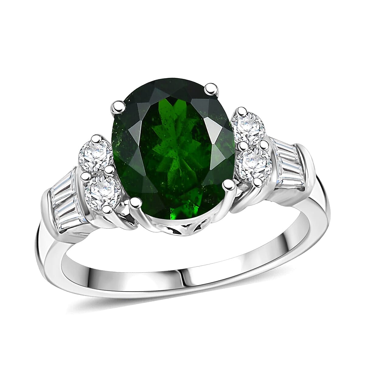 Chrome Diopside, Moissanite Ring in Rhodium Over Sterling Silver (Size 10.0) 3.20 ctw