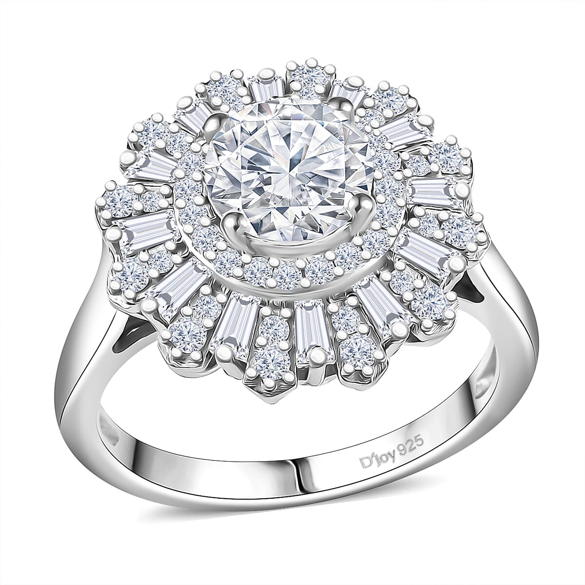D'Joy Moissanite (Rnd 7mm) Snowflake Ring in Rhodium Over Sterling Silver (Size 10.0) 2.10 ctw