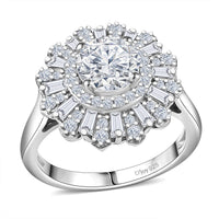 D'Joy Moissanite (Rnd 7mm) Snowflake Ring in Rhodium Over Sterling Silver (Size 10.0) 2.10 ctw