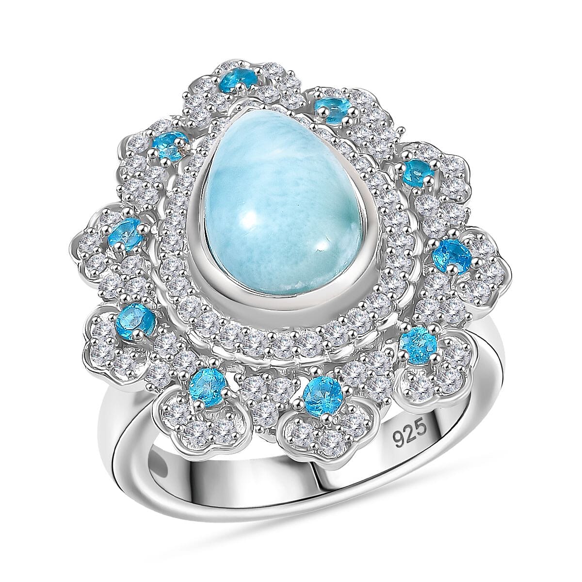 Larimar ,  White Zircon ,  Neon Apatite  Main Stone With Side Stone Ring in Rhodium OverSterling Silver ,  Silver Wt. 5 g 4.30 (Size 10.0) 4.76 ctw