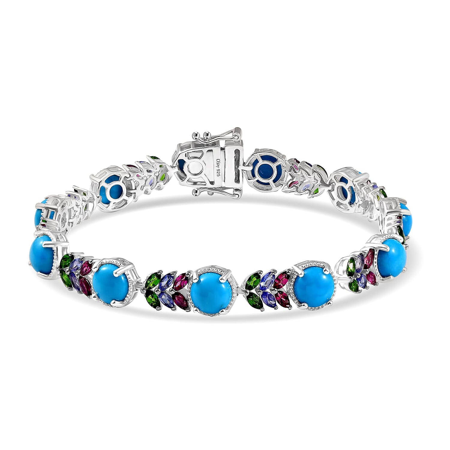 Sleeping Beauty Turquoise ,  Rhodolite Garnet ,  Natural Chrome Diopside ,  Tanzanite  Cluster Bracelet (Size - 6.5) in Rhodium OverSterling Silver ,  Silver Wt. 11 g 19.16 ctw (6.50 In) 13.