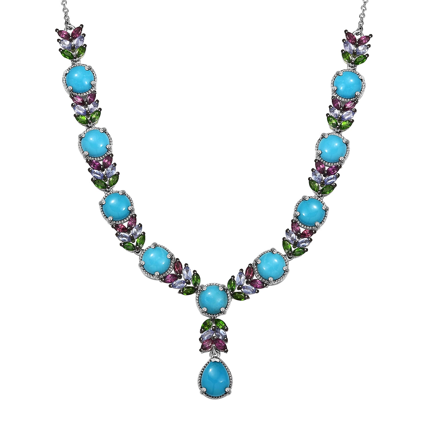 D'Joy Premium Sleeping Beauty Turquoise and Multi Gemstone 17.15 ctw Leaf Necklace in Rhodium Over Sterling Silver 18 Inches