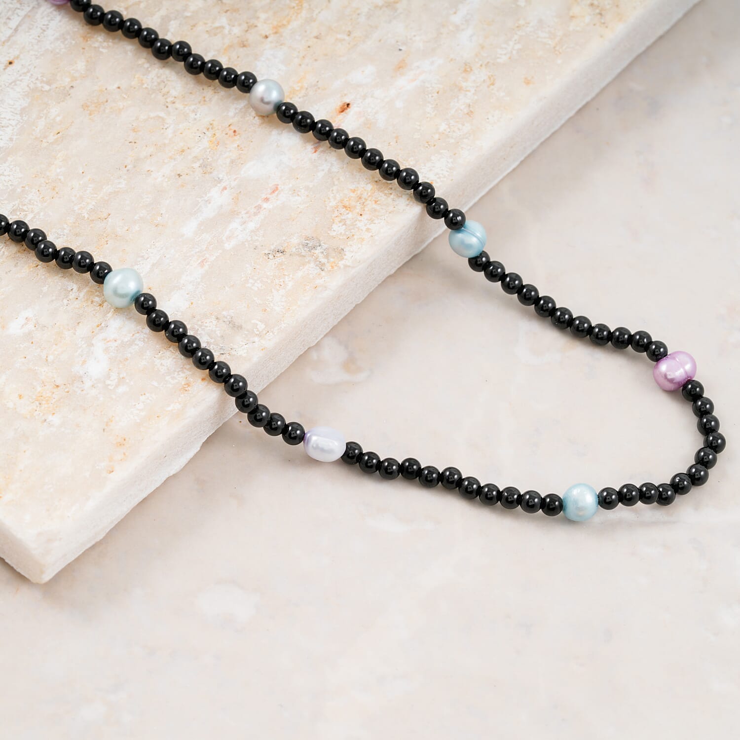 Multi Color Freshwater Pearl and Thai Black Spinel Station 55.00 ctw Necklace in Stainless Steel 24 Inches