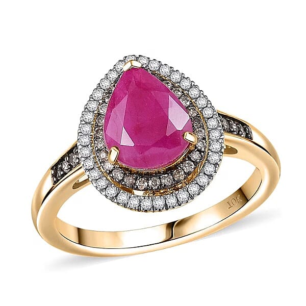 Luxoro 10K Yellow Gold AAA Royal Ruby, Natural Champagne and White Diamond (I2) (0.34 cts) Ring (Size 10.0) 2.50 ctw
