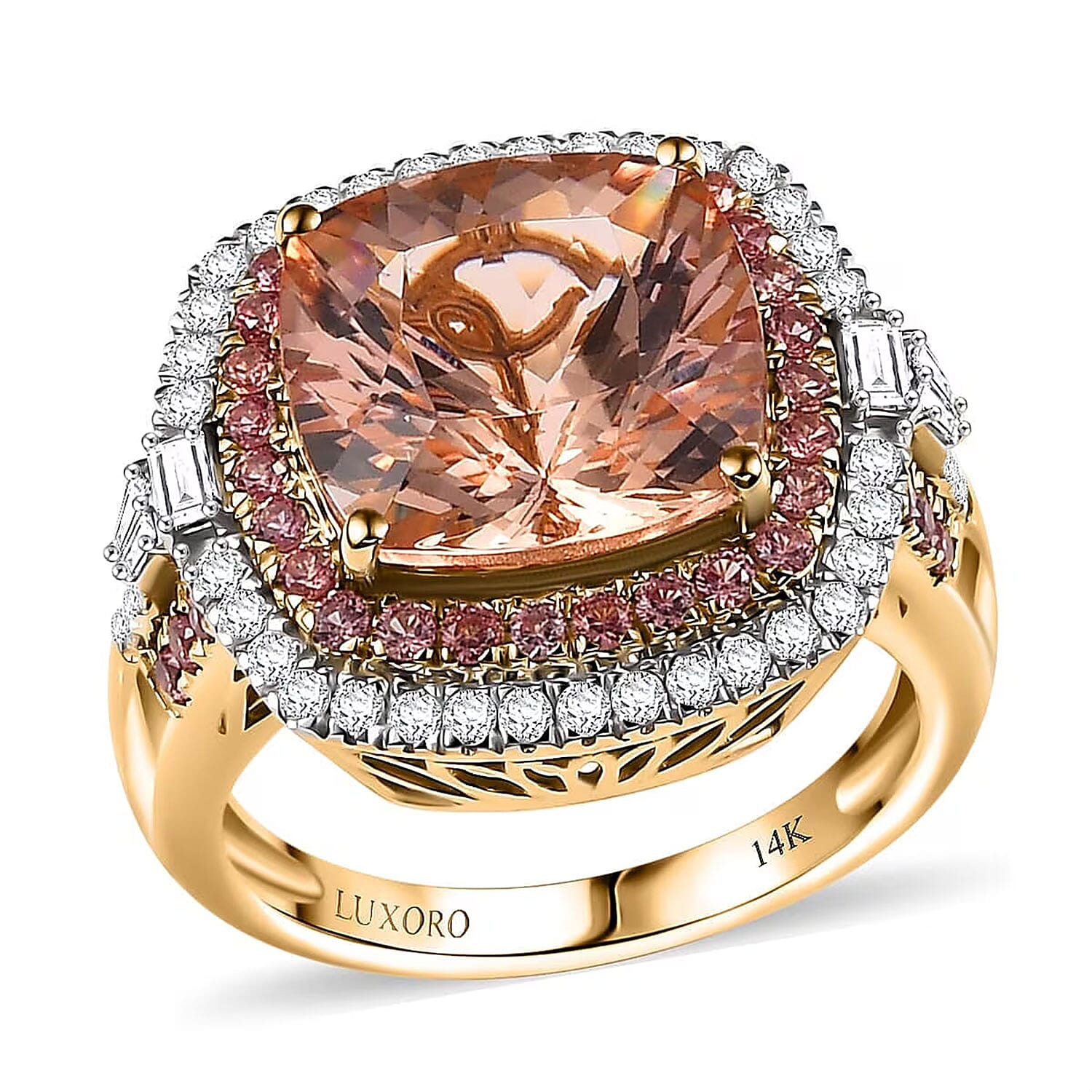 Luxoro 14K Yellow Gold AAA Marropino Morganite, Padparadscha Sapphire and White Diamond (I2) Classic Halo Ring (Size 10.0) 7.80 ctw