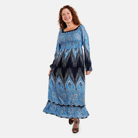 Blue Peacock Long Sleeve Smocked Maxi Dress - One Size Fits Most
