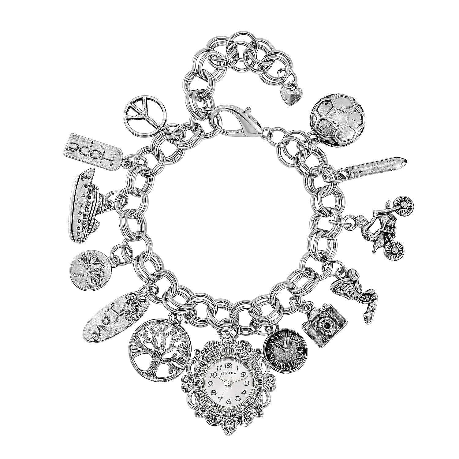 Strada Austrian Crystal Japanese Movement Bracelet Charm Watch in Rosetone (7.5-8.5In)