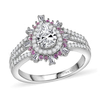 D'Joy Moissanite (Pear 7x5mm), Madagascar Pink Sapphire Ring in Rhodium Over Sterling Silver 1.90 ctw