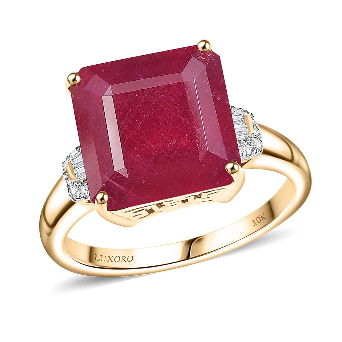 Epic Deal Luxoro 10K Yellow Gold AAA Asscher Cut Niassa Ruby (FF), Diamond (I2) Ring (Size 10.0) 13.60 ctw
