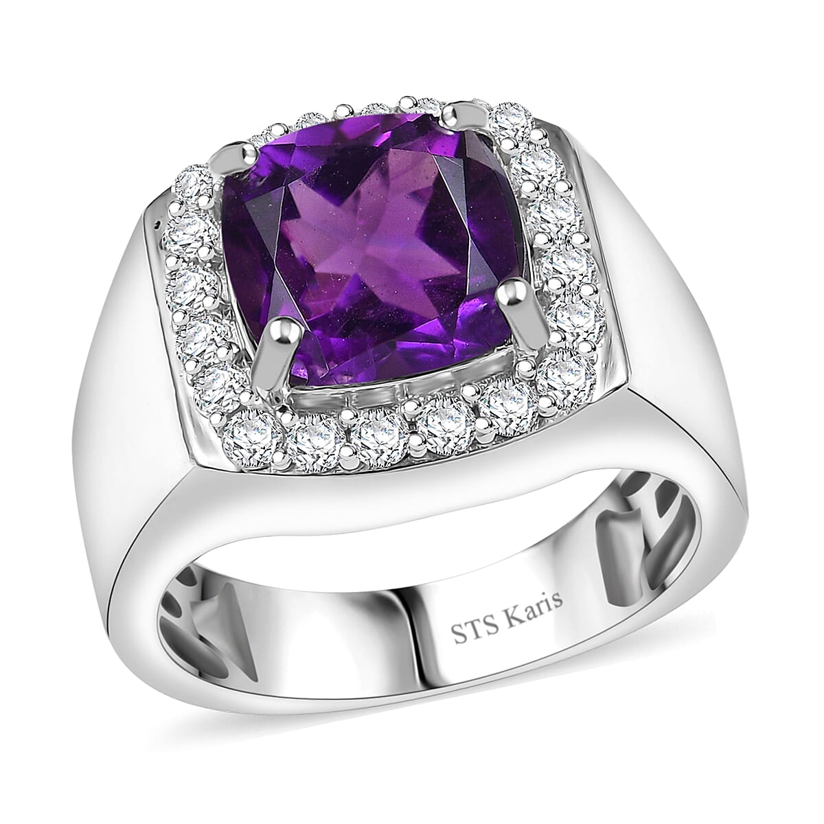 Karis African Amethyst, White Zircon Solitaire Ring in Platinum Bond (Size 10.0) 5.00 ctw