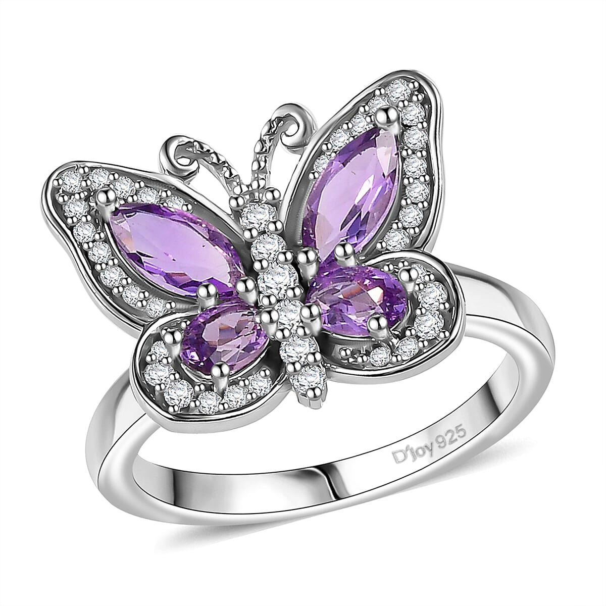 D'Joy Rose De France Amethyst and White Zircon 1.50 ctw Butterfly Ring in Platinum Over Sterling Silver