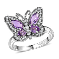 D'Joy Rose De France Amethyst and White Zircon 1.50 ctw Butterfly Ring in Platinum Over Sterling Silver