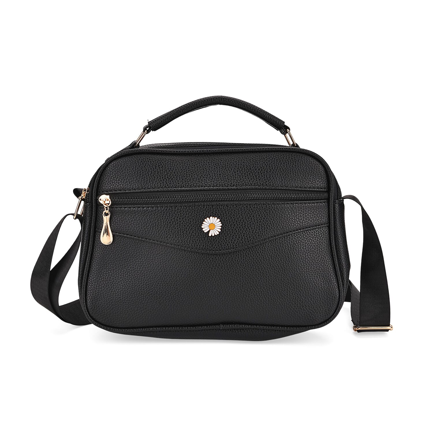 Black Faux Leather Multi Pocket Crossbody Bag (10.2"x3.15"x7.7")