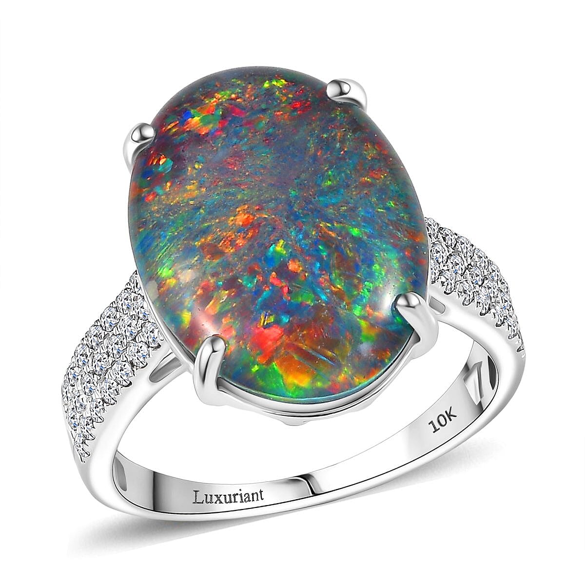 Certified & Appraised 10K White Gold Premium Australian Black Ridge Opal Triplet, Luxuriant Lab Grown Diamond (G-H, SI) (0.42 cts) Ring (Size 7.0) 6.67 ctw
