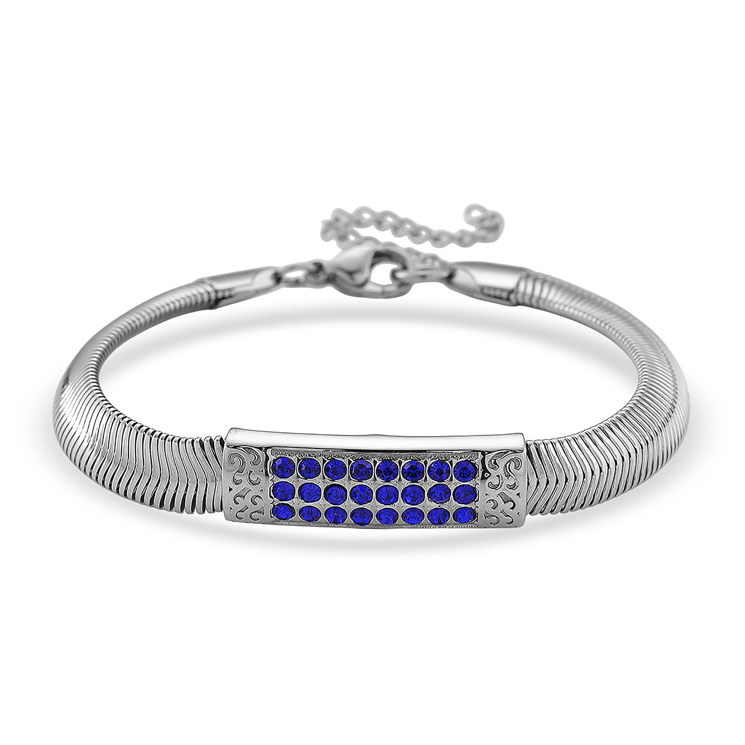 Blue Austrian Crystal Snake Chain Bracelet in Stainless Steel (7.5-9.5In)