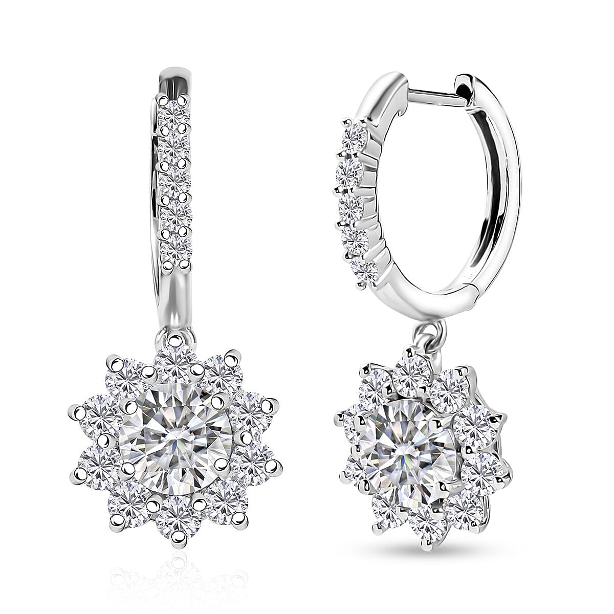 D'Joy Moissanite 3.90 ctw Sunflower Drop Earrings in Rhodium Over Sterling Silver