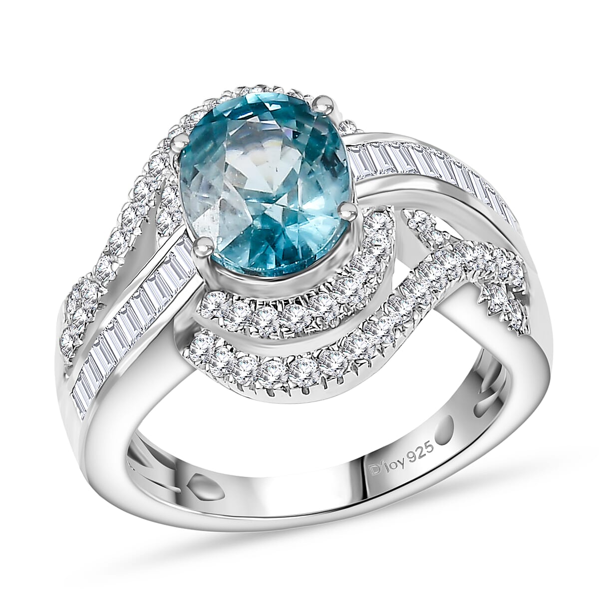 D'Joy Cambodian Blue Zircon, Moissanite Whirlpool Ring in Rhodium Over Sterling Silver (Size 10.0) 3.90 ctw