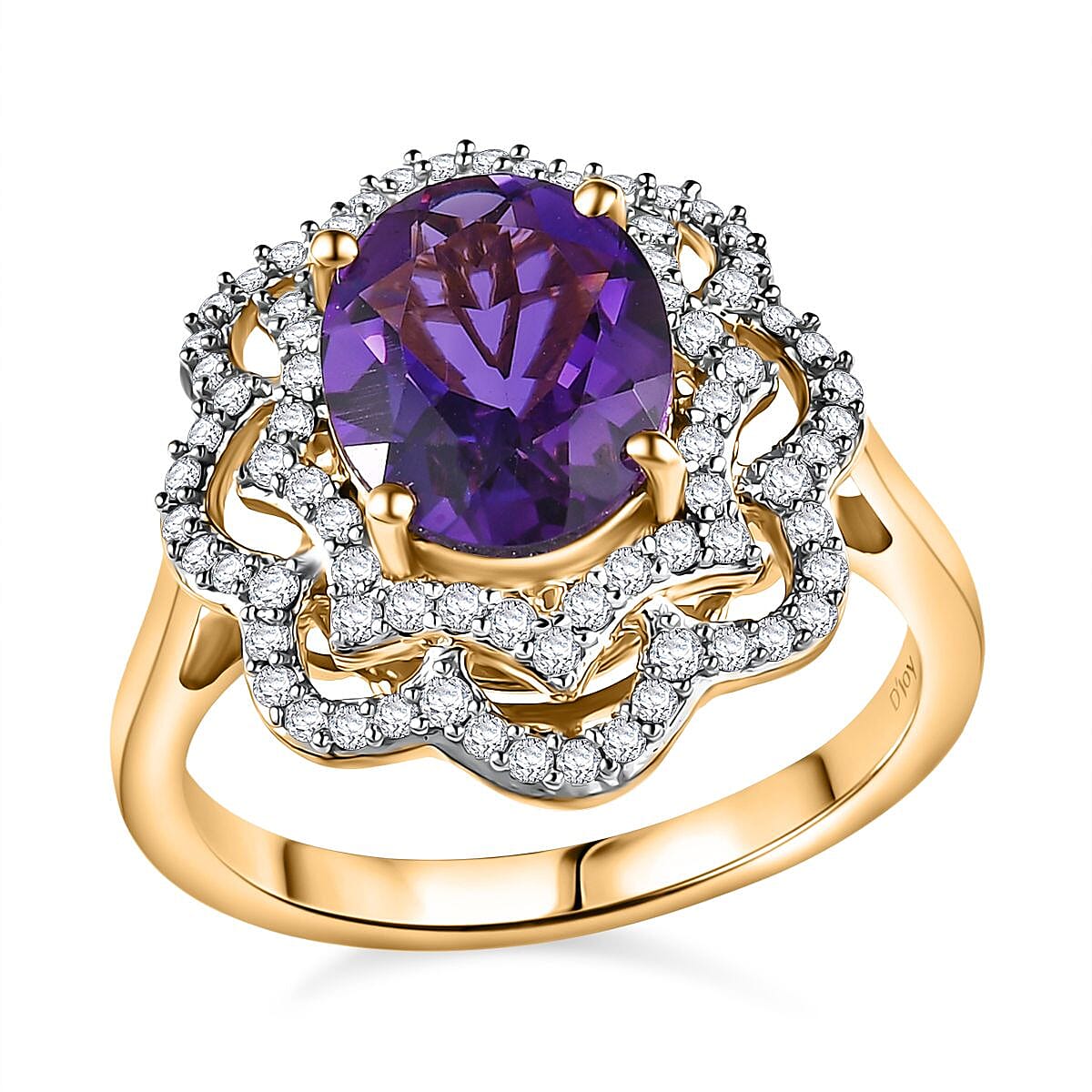 D'Joy Moroccan Amethyst and Moissanite 3.10 ctw Stellar Blossom Ring in 18K Vermeil Yellow Gold Over Sterling Silver