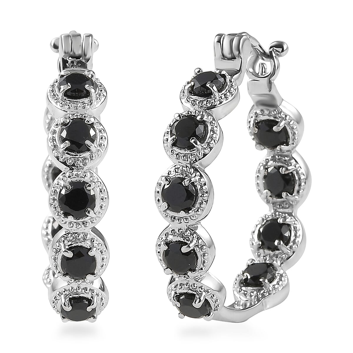EverTrue Thai Black Spinel Hoop Earrings in Stainless Steel 4.00 ctw