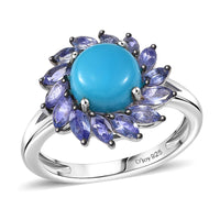 D'Joy Premium Sleeping Beauty Turquoise, Tanzanite Floral Ring in Rhodium Over Sterling Silver (Size 10.0) 3.10 ctw