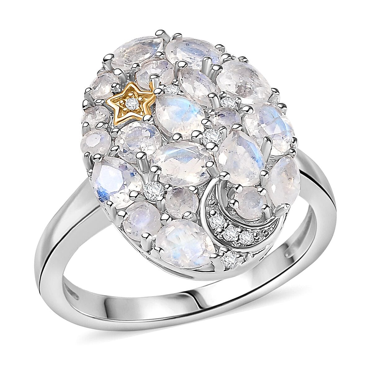 Karis Moon Glow Moonstone and White Zircon 2.00 ctw Moon Star Ring 18K YG Plated and Platinum Bond