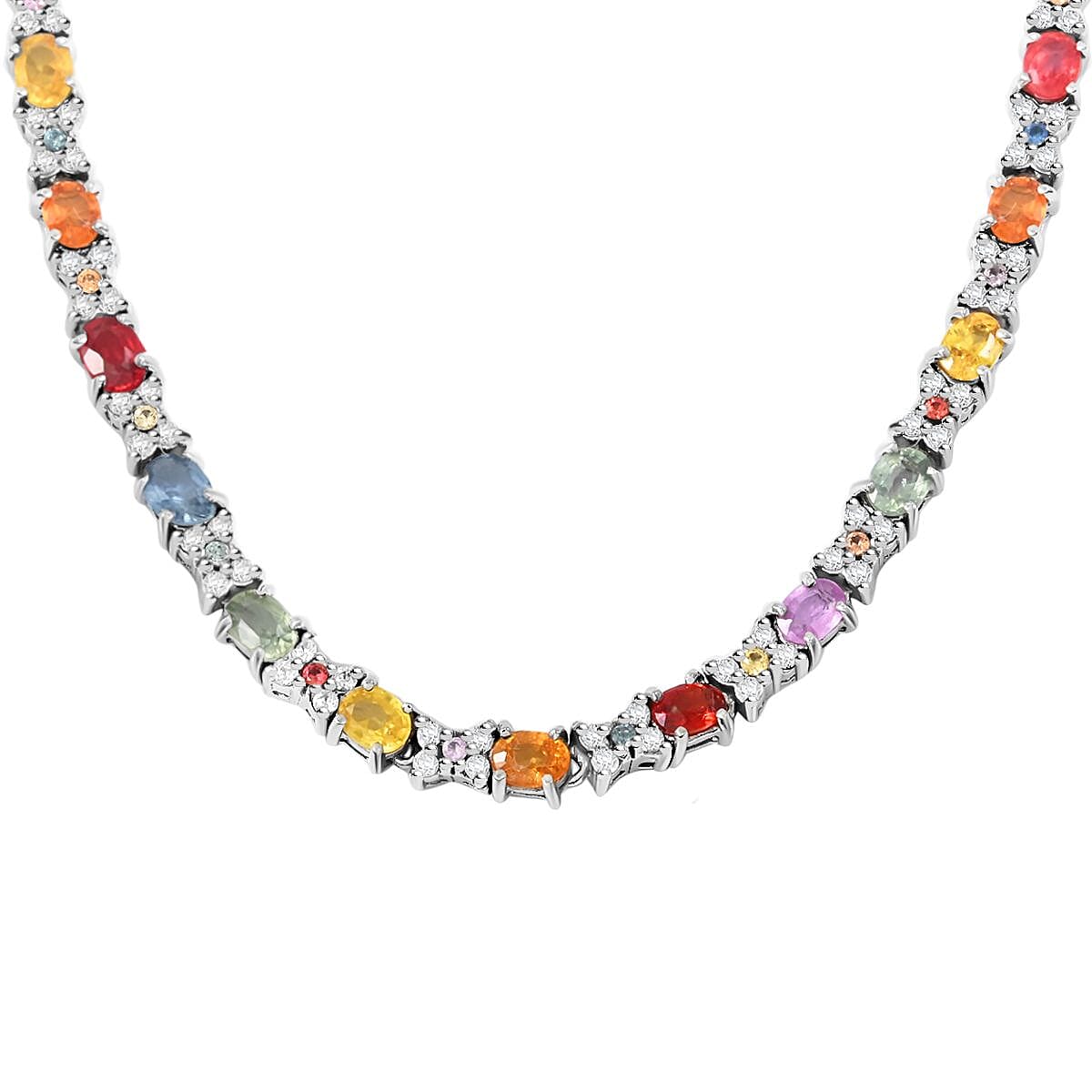 D'Joy Premium Multi Sapphire and White Zircon 10.00 ctw Bloomfire Necklace in Rhodium Over Sterling Silver 18 Inches