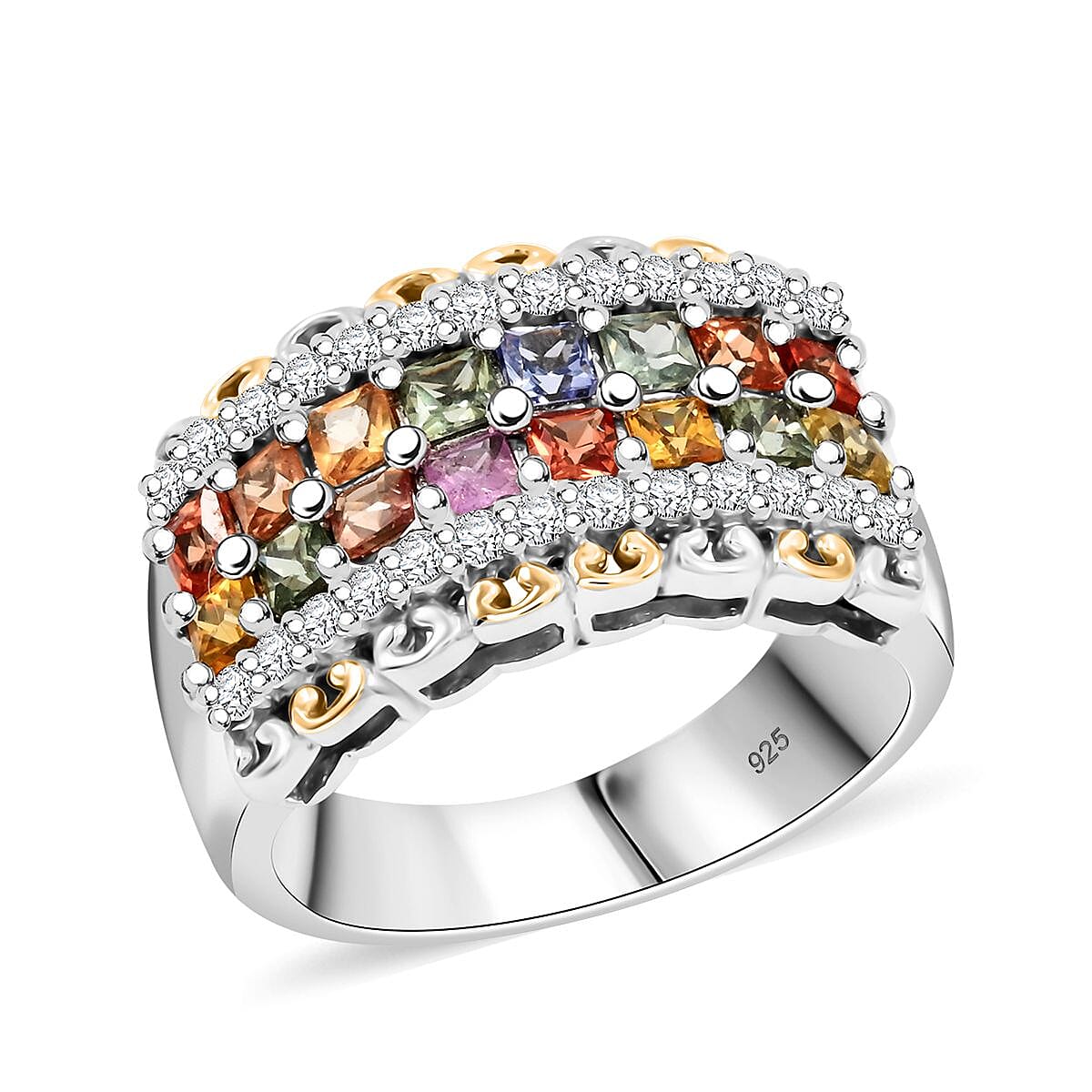 Premium Multi Sapphire and White Zircon 2.15 ctw Ring in 18K Vermeil YG and Rhodium Over Sterling Silver (Size 10.0)