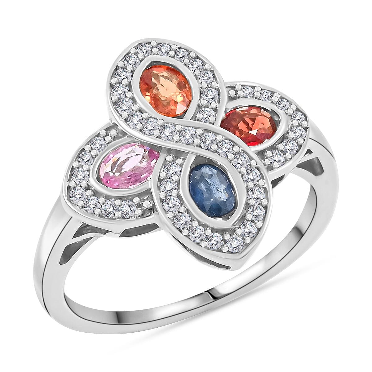 Premium Multi Sapphire, White Zircon Ring in Rhodium Over Sterling Silver (Size 10.0) 1.60 ctw