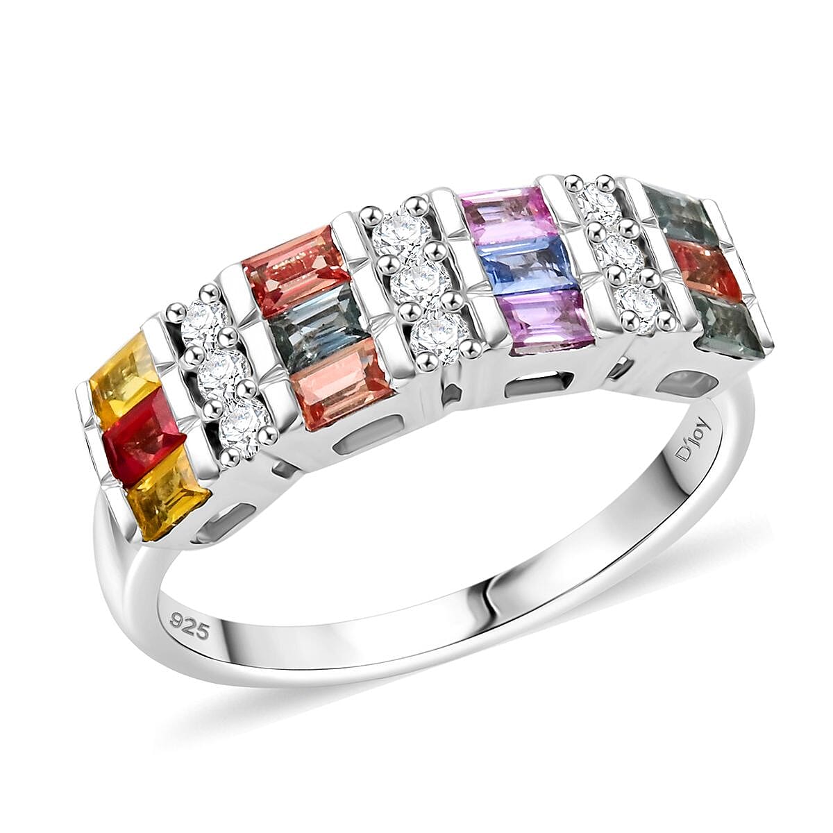 Premium Multi Sapphire, Moissanite Ring in Rhodium Over Sterling Silver (Size 10.0) 1.65 ctw