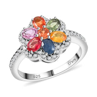 Premium Multi Sapphire, White Zircon Floral Ring in Rhodium Over Sterling Silver (Size 10.0) 2.00 ctw